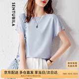 尚都比拉拼接短袖雪纺衫女显瘦遮肚子上衣夏季女装薄款休闲T恤 浅蓝色 XS