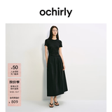 欧时力（OCHIRLY）立体褶皱短袖连衣裙女2026春新款收腰A字长裙 黑色 -独家定染面料 S