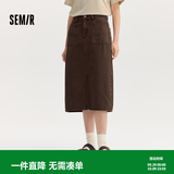森马（Semir）森柔牛仔|牛仔半身裙女开叉长裙显腿长秋盐系复古直筒裙潮酷 深咖啡50954 M