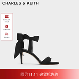 CHARLES&KEITH一字带缎面蝴蝶结绑带高跟凉鞋子女鞋生日礼物送女友CK1-61720177 BLACK TEXTURED黑色纹理 35