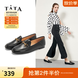 他她（TATA）方头乐福鞋女休闲平底一脚蹬小皮鞋女单鞋春秋款FLC22AM5 黑色 40