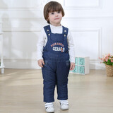 标点熊婴儿背带裤男女宝宝棉裤加绒加厚婴幼儿童背带棉裤小孩夹棉裤软牛仔裤子可开裆连体裤保暖裤外穿秋冬季 牛仔906款 100码 建议身高90-100