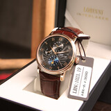 罗宾尼【品质严选】手表男士全自动机械表休闲超薄防水品牌腕表商务皮带 玫壳-黑面皮带款