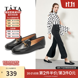 他她（TATA）方头乐福鞋女休闲平底一脚蹬小皮鞋女单鞋春秋款FLC22AM5 黑色 36