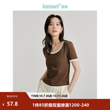 茵曼（INMAN）撞色罗纹棉女装U领短袖T恤修身气质通勤2026夏季新款短款上衣 深咖啡 S