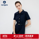 Navigare意大利小帆船短袖衬衫裙女士夏季时尚百搭小个子连衣裙简约中裙女 海军蓝 M 码
