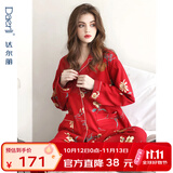 达尔丽睡衣女春秋季纯棉长袖薄款家居服套装本命年红国潮印花开衫可外穿 T895118-029-山茶花 2XL :建议体重130-150斤