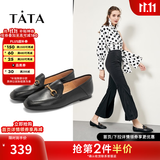 他她（TATA）方头乐福鞋女休闲平底一脚蹬小皮鞋女单鞋春秋款FLC22AM5 黑色 37