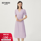 深呼吸DEEP BREATH女装V领中长高腰泡泡袖收腰碎花连衣裙A500197 紫-花 S (2)