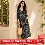 尚都比拉度假风碎花连衣裙女夏天V领气质中长裙收腰A字雪纺裙子 黑花 L