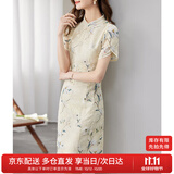 尚都比拉新中式立领盘扣旗袍改良版花瓣袖雪纺碎花连衣裙夏季 杏底花色 XL