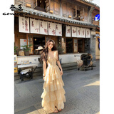 春乏在逃公主长裙子女2026夏季新款度假风收腰显瘦蛋糕大摆连衣裙 吊带连衣裙 S