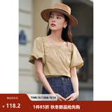 茵曼（INMAN）法式方领显瘦衬衫女士2026夏季新款气质泡泡袖宽松新疆棉衬衣 卡其色 -18225269H1 S