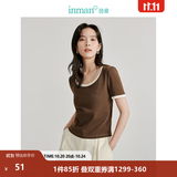 茵曼（INMAN）撞色罗纹棉女装U领短袖T恤修身气质通勤2026夏季新款短款上衣 深咖啡 S