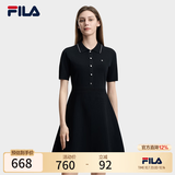 FILA 斐乐官方女子编织连衣裙2026夏新款简约翻领修身收腰连身裙 正黑色-BK L 170/88A/L