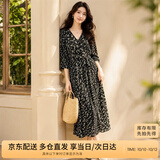 尚都比拉度假风碎花连衣裙女夏天V领气质中长裙收腰A字雪纺裙子 黑花 XL