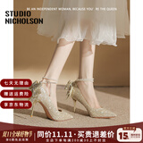 STUDIO NICHOLSON珍珠蝴蝶结水晶高跟鞋女细跟不累脚亮片新娘婚鞋生日情人节礼物 香槟色 6.5cm 37