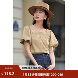 茵曼（INMAN）法式方领显瘦衬衫女士2026夏季新款气质泡泡袖宽松新疆棉衬衣 卡其色 -18225269H1 S