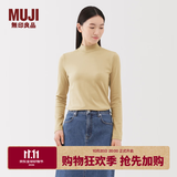 MUJI女式 起毛罗纹编织半高领长袖T恤上衣打底衫女款内搭春秋女装条纹 浅黄色 L （165/88A）