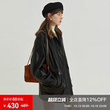 fano studios范洛Fano 2026春季新款复古翻领黑色环保pu皮衣机车服夹克外套女 黑色 S
