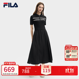 斐乐小黑裙|FILA显瘦收腰连衣裙26春夏时尚休闲简约针织拼接女裙 正黑色-BK M 165/84A/M