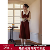 独束大码女装假两件撞色衬衫领连衣裙女秋冬微胖mm文艺复古穿搭裙子 勃艮第红【适合165左右】 M