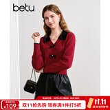 百图betu女装秋季新款毛针织衫拼色翻领甜美纽扣针织衫女2408T10 红色 S