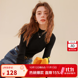 三彩冬款纯色坑条针织衫木耳边半高领修身打底内搭简约女 经典黑 M