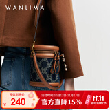 万里马新款时尚圆筒单肩包个性丹宁牛仔包女包水桶包情人生日礼物 牛仔蓝/杏仁棕