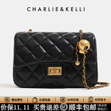 CHARLIE&KELLICK品牌包包女款2026新款情人节礼物链条菱格包小香风单肩斜挎 黑色鎏金无logo（红色内里）