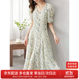 尚都比拉夏季法式碎花连衣裙泡泡袖茶歇裙气质女神范裙子 杏底蓝花 L 