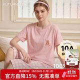 秋鹿睡衣女士26夏季条纹纯棉圆领印花短袖七分裤外穿家居服套装 浅粉【纯棉/短袖七分裤】 M