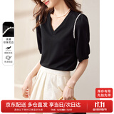 尚都比拉夏季短袖t恤女浪漫花边泡泡袖V领显瘦女装上衣 黑色 S