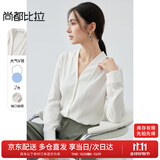 尚都比拉雪纺衬衫女春秋气质通勤V领衬衣显瘦宽松长袖上衣 米白色 XL