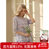 秋鹿睡衣女春夏梭织纯棉格纹七分袖薄款格子休闲可外穿家居服套装 浅紫 M