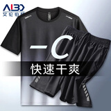艾伦伯顿（Alen Botun）运动套装男健身服快速干爽冰丝休闲短袖夏季薄款t恤训练篮球跑步 两件套-渐变灰 2XL(165-190)斤