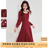尚都比拉新年红高级感长袖连衣裙女春秋气质方领中长款内搭打底赫本风裙子