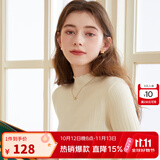 三彩冬款纯色坑条针织衫木耳边半高领修身打底内搭简约女 米白色 M