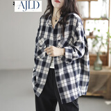 AJLD格子衬衫女春款韩版休闲翻领厚实格纹棉质衬衣女宽松长袖开衫上衣 白色格子 均码 建议体重110-155斤左右