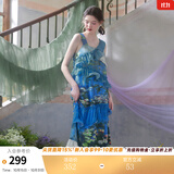 两三事度假超仙的裙子女夏季紫色油画艺术吊带海边连衣裙云雾睡莲 蓝色 M