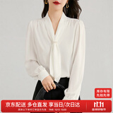 尚都比拉通勤飘带领白色衬衫女秋季上衣珍珠扣设计气质休闲时尚洋气衬衣