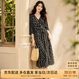 尚都比拉度假风碎花连衣裙女夏天V领气质中长裙收腰A字雪纺裙子 黑花 L