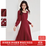 尚都比拉新年红高级感长袖连衣裙女春秋气质方领中长款内搭打底赫本风裙子
