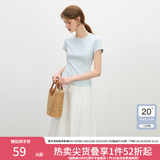 范思蓝恩正肩短袖T恤女2025夏新款修身显瘦设计感圆领上衣2113 蓝色 L