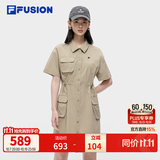 FILA FUSION 斐乐潮牌连衣裙女士工装风梭织时尚宽松衬衫裙活动自如 朦胧卡其-DK XS 155/76A