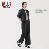 MUJI女式汉麻混斜纹抽褶宽版裤裤子女款25年夏季休闲裤女装阔腿裤长裤 黑色 M (160/66A)