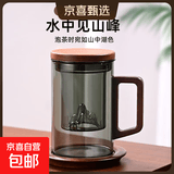 耐高温茶水分离杯玻璃茶杯胡桃把手观山杯家用水杯商务杯办公杯 【灰色】木把观山泡茶杯450ml