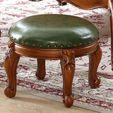 乐满庭美式实木小圆凳客厅泡茶凳子 复古茶几凳雕花小凳子皮凳圆形矮凳