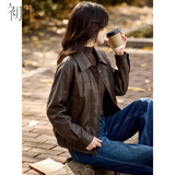 初申美拉德短外套女美式复古PU皮衣外套夹克上衣S51D005 深咖 L 