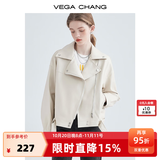 VEGA CHANG机车皮衣女春季西装领BF风帅气pu皮夹克短外套ins潮 米杏色 M